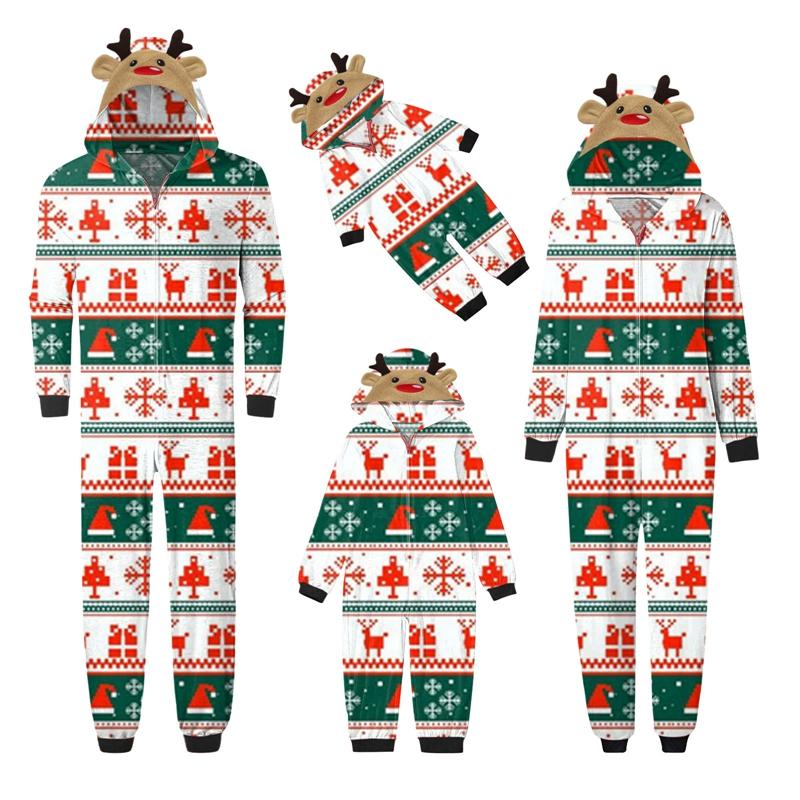Family Christmas Pajamas, Long Sleeve Elk Christmas Tree Plaid Snowflake Print Hooded Jumpsuit Sleepwear