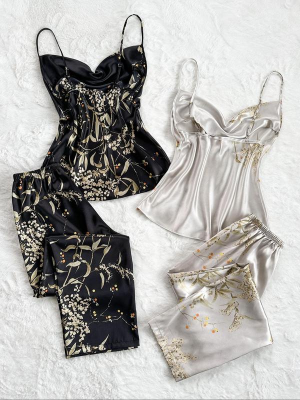 4 Pieces Women's Floral Print Pyjama Set, Casual Comfy Sleeveless Draped Camisole & Elastic Waist Shorts Lounge Sets, Pajama Sets Women, PJ Sets for Women, Ladies Sleepwear for All Seasons, Pj Sets for Women