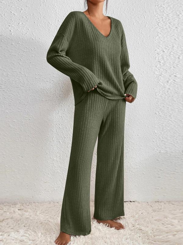 Women's Solid Drop Shoulder Top & Wide Leg Pants Loungewear Two-piece Set, Lady Homewear, Basic Womenswear, Casual Comfy V Neck Longsleeves Top & Trousers Pj Set, Pajama Sets Women, Ladies Sleepwear for Spring & Fall, Fall Wear, Fallfreshness