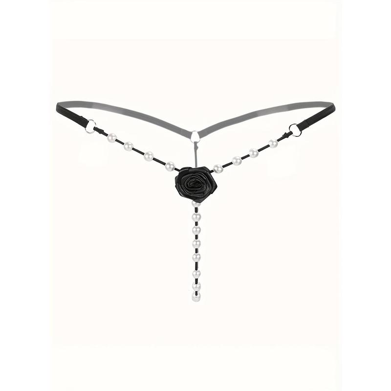4 Pcs Seductive Lace Thongs, Low Waist Open Crotch Sheer G-String With Pendant Pearl, Women's Sexy Lingerie & Underwear