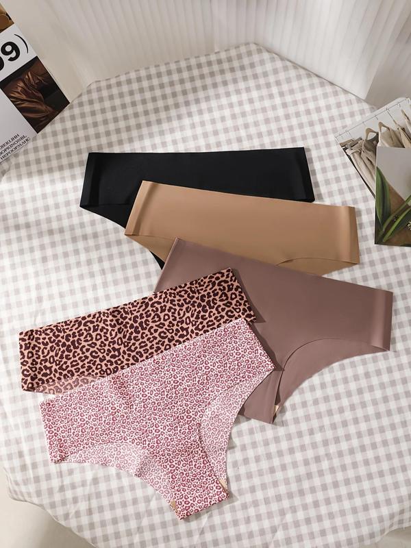 Women's 5pcs Solid Color & Leopard Print Seamless Panties, Casual Soft Comfy Breathable Knicker for Daily Wear, Underwear for All Seasons