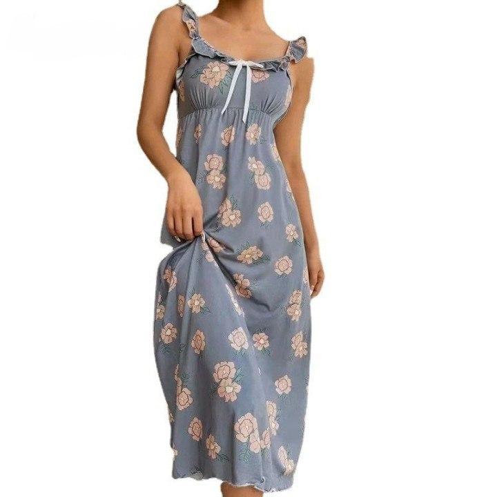Ruffle Dress Elegant Floral Homedress Chic Slim Gowns Lady Lingerie Gorgeous Women Nightgowns Summer Fashion Retro Nightdress