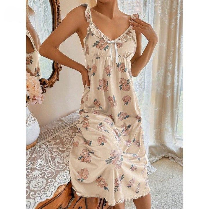 Ruffle Dress Elegant Floral Homedress Chic Slim Gowns Lady Lingerie Gorgeous Women Nightgowns Summer Fashion Retro Nightdress