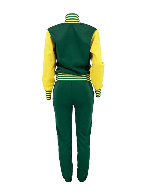 Women's Colorblock Letter Patched Pocket Co-ord Two-piece Set, Back To School Outfits, Casual Button Front Bomber Jacket & Drawstring Waist Jogger Pants Set, Fall Clothes, Ladies Fall & Winter Clothes, Birthday Gifts