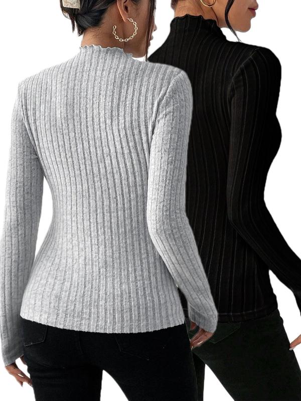 Women's Solid Lettuce Trim Mock Neck Ribbed Skinny Tee, Casual Long Sleeve T-shirt for Spring & Fall, Fashion Women's Knitwear for Daily Wear