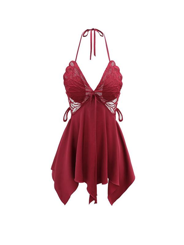 Women's Plain Butterfly Decor Tie Front Halter Nightdress, Asymmetrical Tie Backless Sleeveless Nightgown, Soft Comfortable Nighty Dress for Women
