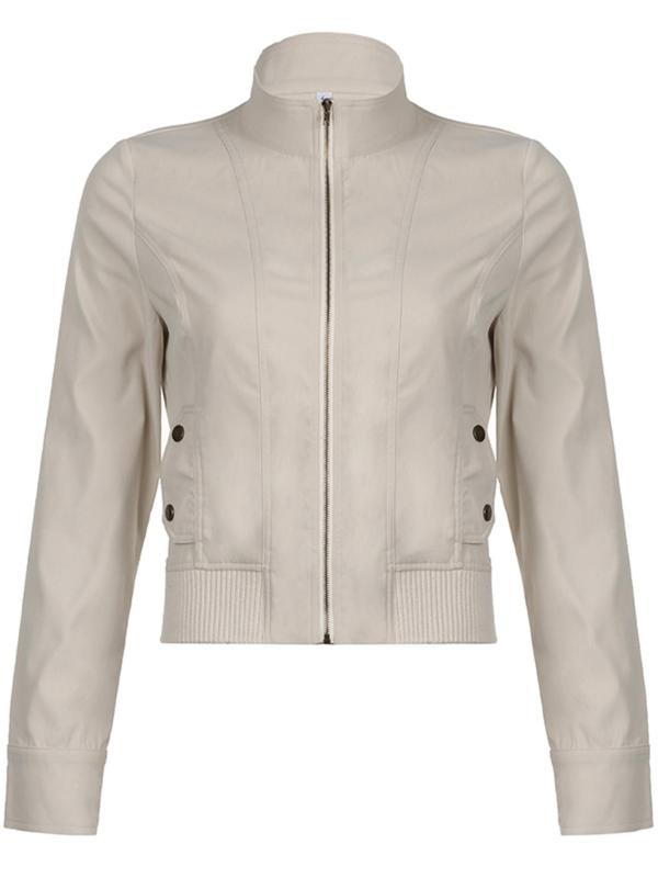 Women's Solid Button Zip Up Jacket, Casual Tops, Long Sleeve Stand Collar Outerwear for Daily Wear, Ladies Clothes for All Seasons