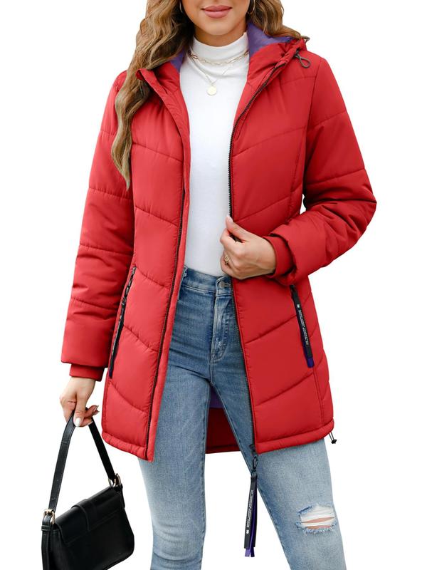 Women's Solid Drawstring Pocket Zip Up Hooded Quilted Jacket, Casual Tops, Long Sleeve Outerwear for Fall & Winter, Ladies Clothes for Daily Wear