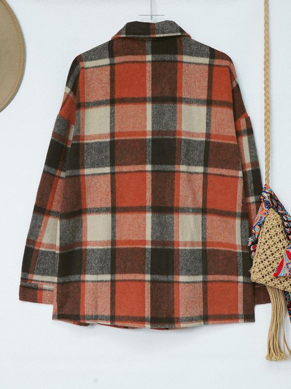 Women's Plaid Print Button Front Drop Shoulder Coat, Casual Long Sleeve Collared Outerwear for Fall & Winter, Ladies Clothes for Daily Wear