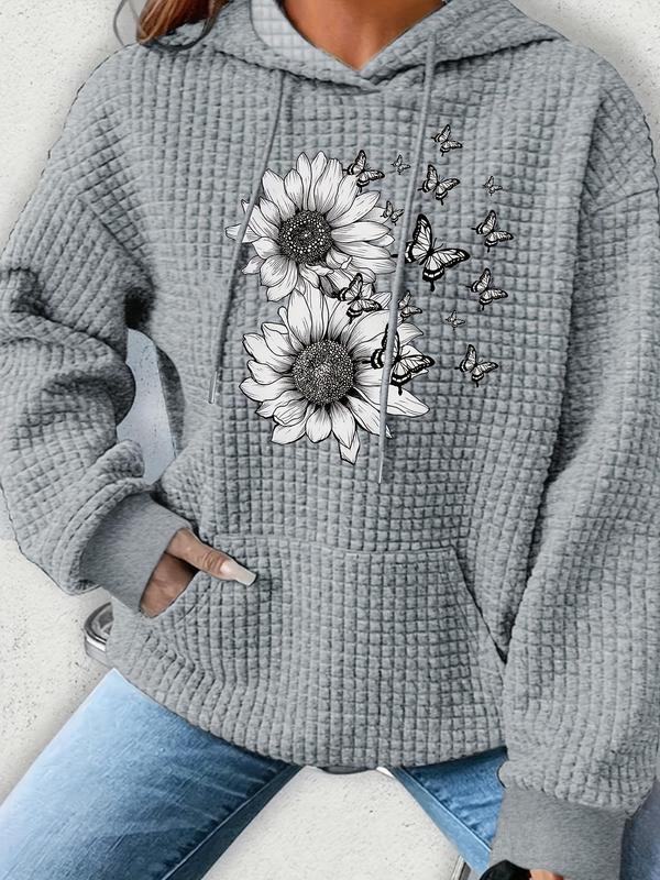  Floral & Butterfly Print Drop Shoulder Hoodie, Fashion Casual Drawstring Pocket Hooded Sweatshirt for Daily Holiday Outdoor Wear, Women Clothing for Fall & Winter