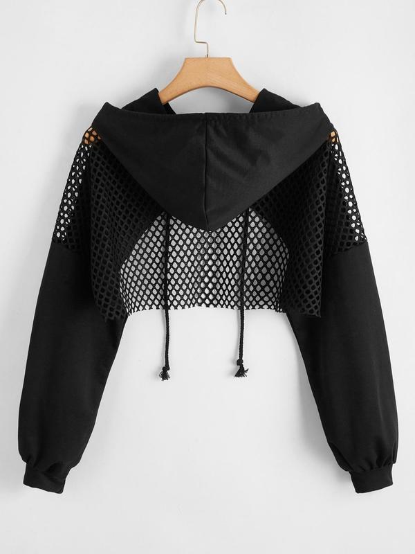   Hollow Out Drawstring Raglan Sleeve Super Crop Hoodie, High Low Long Sleeve Hooded Sweatshirt for Spring & Fall, Clothes Women, Women's Plus Clothing for Daily, Downtown Girl Clothes