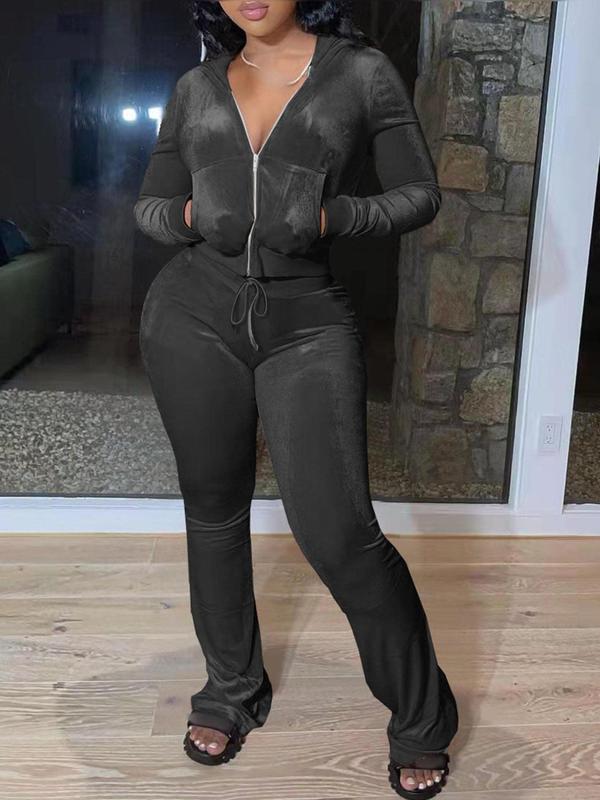  Two-piece Set Solid Zip Up Crop Hooded Jacket & Elastic Waist Pants Velvet Set, Casual Long Sleeve Pocket Outerwear & Drawstring Trousers for Daily Wear, Women's Two-piece Outfits for Fall & Winter