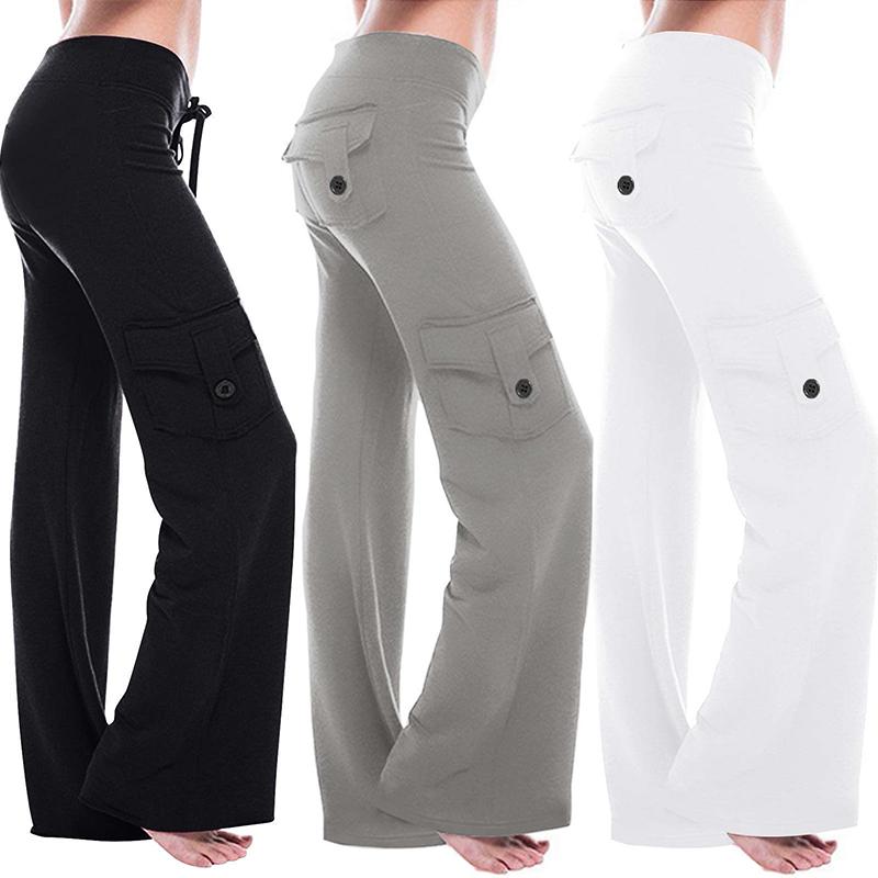 Womens Cargo Pants High Waist Wide Leg Pants with Pockets Casual Button Stretch Yoga Workout Leggings Gym Sweatpants Womenswear Bottom Trouser