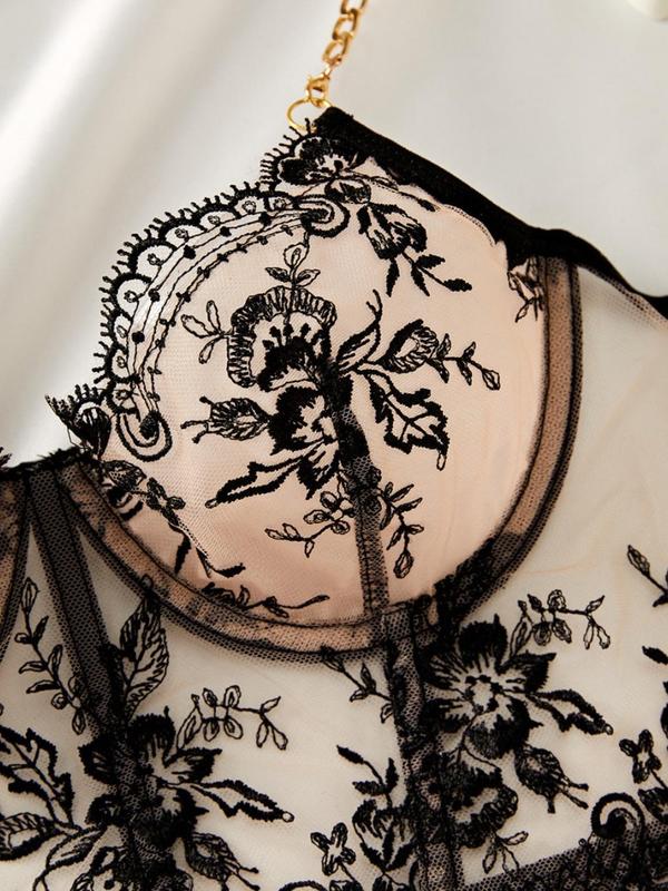 Women's Contrast Lace Sheer Sexy Lingerie Set, Push Up Bra & Chain Decor Thong Set, Soft Comfy Breathable Lingerie Set for Women