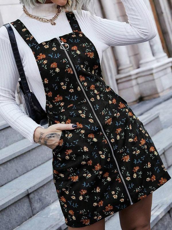 Women's Floral Print Zipper Pinafore Dress without Inner Top, Casual Pocket Square Neck Sleeveless Short Dress for Fall & Winter, Women's Clothes for Daily Wear