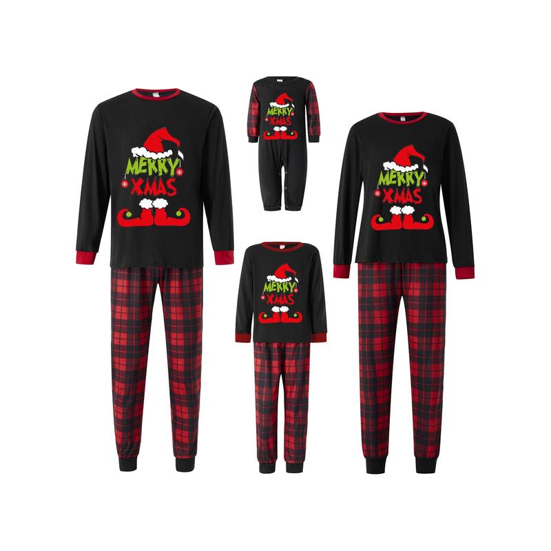 Christmas Pajamas For Family Christmas Family Pajamas Matching Set, Long Sleeve Letters Print T-shirt with Plaid Pants Sleepwear Loungewear