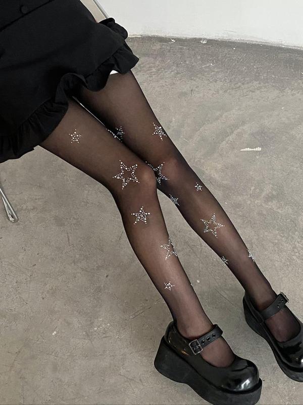 Women's 1 Pair Star Rhinestone Decor Tights, Comfy Soft Sheer Tights for Daily Party Wear, Women's Pantyhose for Spring & Summer & Fall