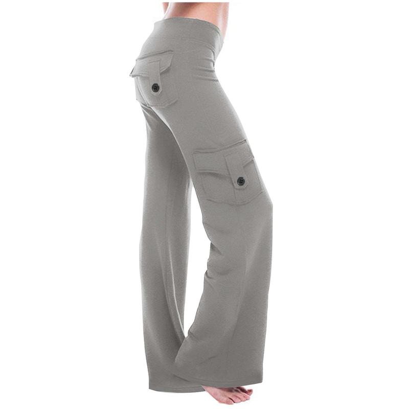 Womens Cargo Pants High Waist Wide Leg Pants with Pockets Casual Button Stretch Yoga Workout Leggings Gym Sweatpants Womenswear Bottom Trouser