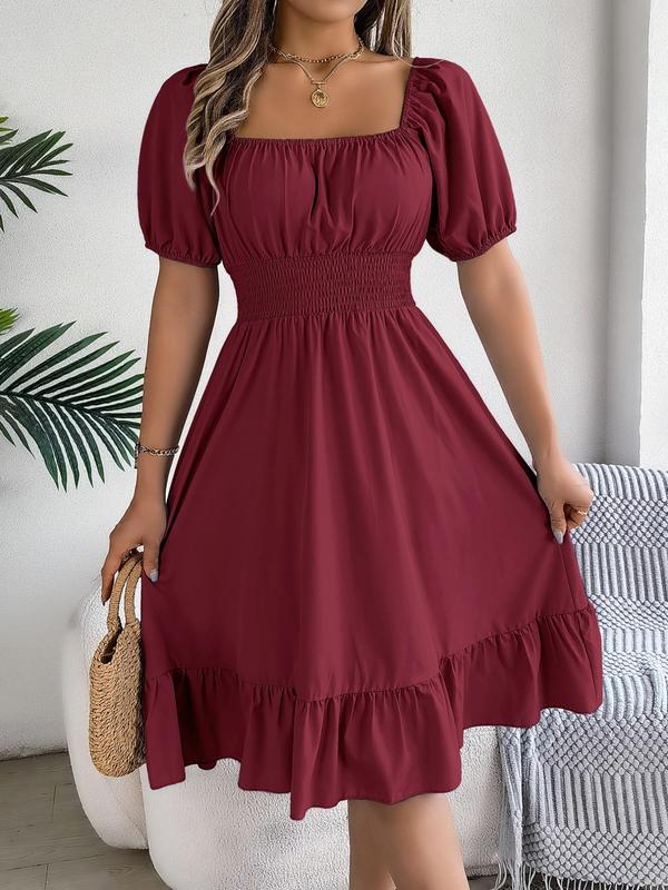 Women's Plain Ruffle Hem Shirred Puff Sleeve A Line Dress, Elegant Square Neck Short Sleeve Knee Length Dress for Summer, Summer Dresses, Women's Dress for Beach Holiday