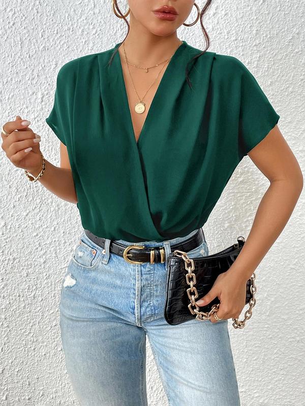 Women's Plain Wrap Batwing Sleeve Bodysuit, Elegant Deep V Neck Short Sleeve Bodysuit, Women's Summer Clothes for Daily Wear