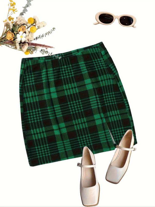 Women's Plaid Print Split Hem Bodycon Skirt, Casual Fashion Short Skirt for Daily Outdoor Wear, Ladies Bottoms for Spring & Fall