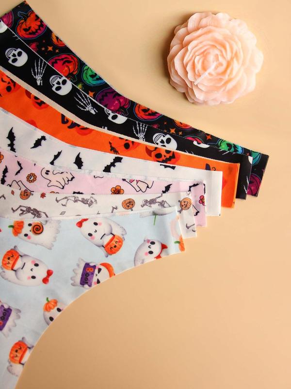 Women's Graphic Print Seamless Thong, Soft Comfy Breathable Halloween Drop Waist Panties for Fall Daily Wear, Fall Underwear for Women, Women's Underwear for All Seasons, Black Girl Wear