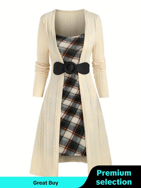 Plaid Patchwork Print Textured Square Neck  2 IN 1 A Line Dress, Casual Long Sleeve Dress for Fall & Winter, Women's Clothes for Daily Wear