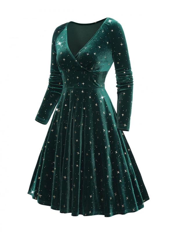 Women's All Over Star Print Wrap Velvet Dress, Elegant Raglan Sleeve V Neck Midi Dress for Party Holiday Wedding Guest, Ladies Fall & Winter Clothes