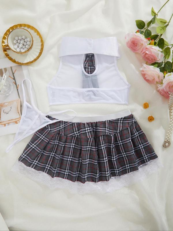 Women's Plaid Print Contrast Lace Sexy School Costumes Set for Christmas Party, Fashion Necktie Backless Crop Top & Pleated Skirt & Sheer Thong Set, Women's Lingerie & Underwear for Daily Wear