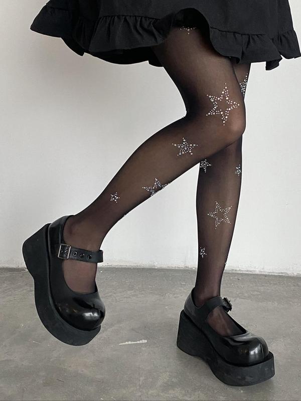 Women's 1 Pair Star Rhinestone Decor Tights, Comfy Soft Sheer Tights for Daily Party Wear, Women's Pantyhose for Spring & Summer & Fall