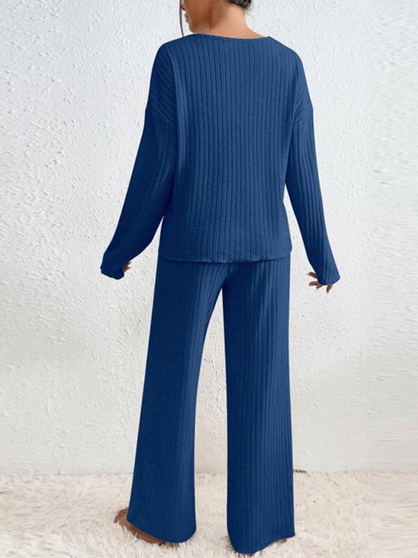 Women's Solid Drop Shoulder Top & Wide Leg Pants Loungewear Two-piece Set, Lady Homewear, Basic Womenswear, Casual Comfy V Neck Longsleeves Top & Trousers Pj Set, Pajama Sets Women, Ladies Sleepwear for Spring & Fall, Fall Wear, Fallfreshness
