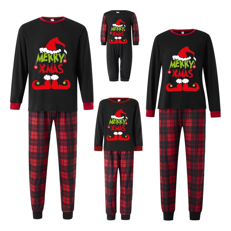 Christmas Pajamas For Family Christmas Family Pajamas Matching Set, Long Sleeve Letters Print T-shirt with Plaid Pants Sleepwear Loungewear