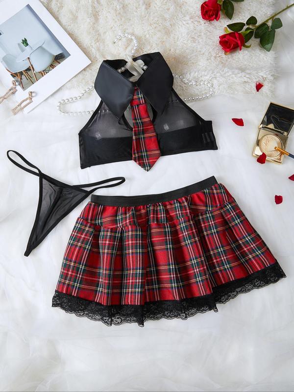 Women's Plaid Print Contrast Lace Sexy School Costumes Set for Christmas Party, Fashion Necktie Backless Crop Top & Pleated Skirt & Sheer Thong Set, Women's Lingerie & Underwear for Daily Wear