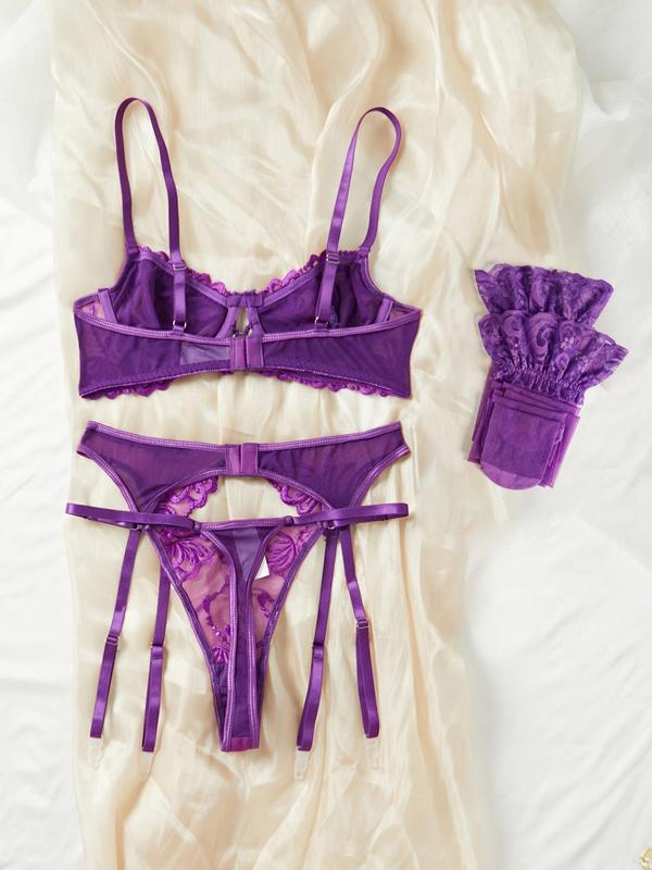 Women's Contrast Lace Sexy Lingerie Set, 2024 New Style Bra & Garter Belt & Thong & Stockings & Gloves Set, Lingerie Set for Women Dainty Gift for Your Love