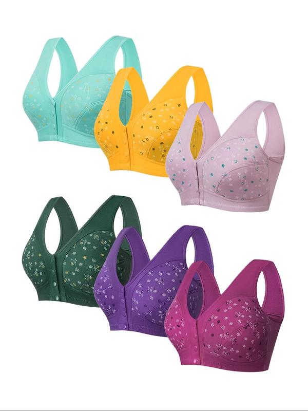 Plus Size 6pcs Floral Print Button Front Bra, Casual Soft Comfortable Breathable V Neck Bralette, Women's Underwear for All Seasons