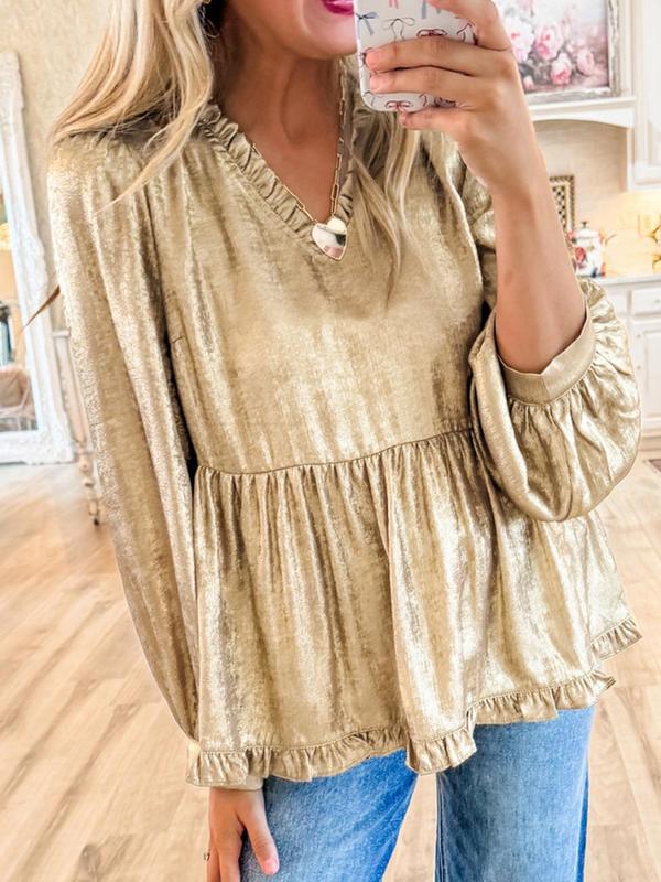 Women's Glitter Frill Trim V Neck Blouse, Elegant Bishop Sleeve Top for Fall & Winter, Women's Clothing for Daily Wear