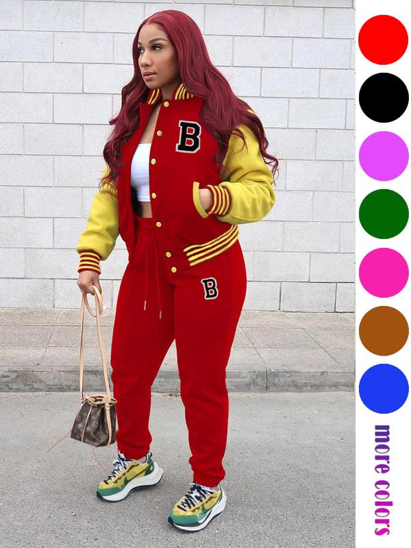 Women's Colorblock Letter Patched Pocket Co-ord Two-piece Set, Back To School Outfits, Casual Button Front Bomber Jacket & Drawstring Waist Jogger Pants Set, Fall Clothes, Ladies Fall & Winter Clothes, Birthday Gifts