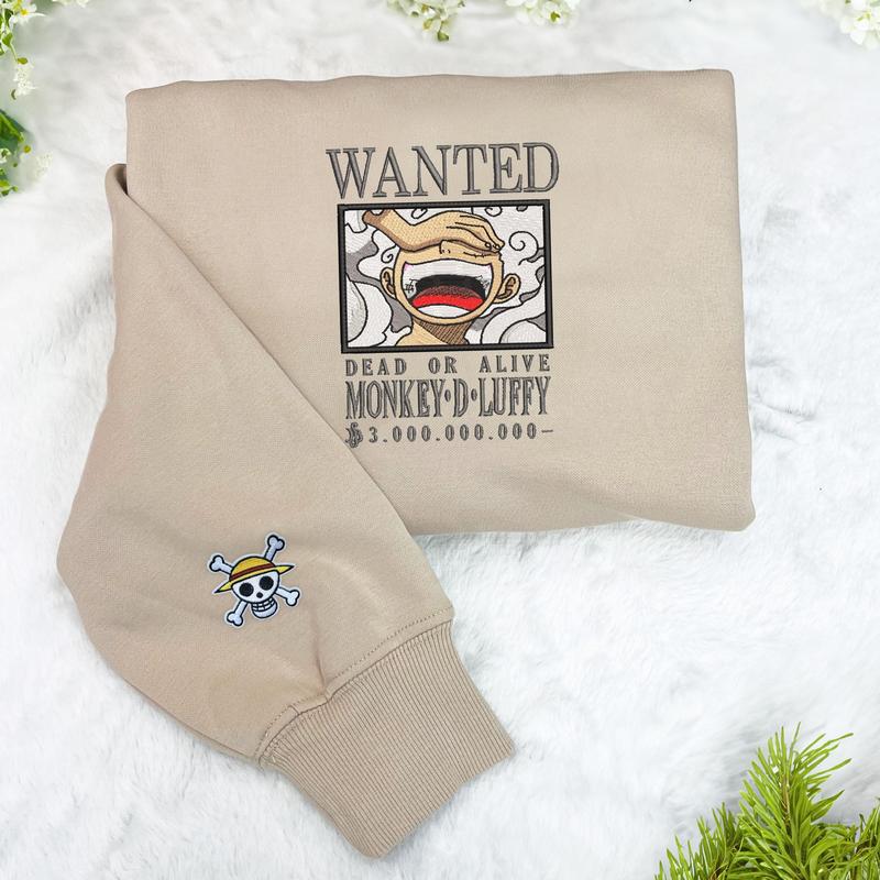Anime Character Embroidery Sweatshirt, LUFFY LongSleeves Embroidered Sweater, Matching One_Piece Clothing, Matching Couples, Pullover Comfort Sweatshirt, Funny Sweatshirt, Trendy