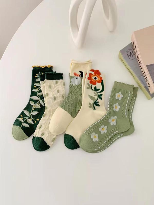 Women's Vintage Floral Print Crew Socks, Fashion Casual Comfy Breathable Socks, Women Socks for All Seasons Daily Wear
