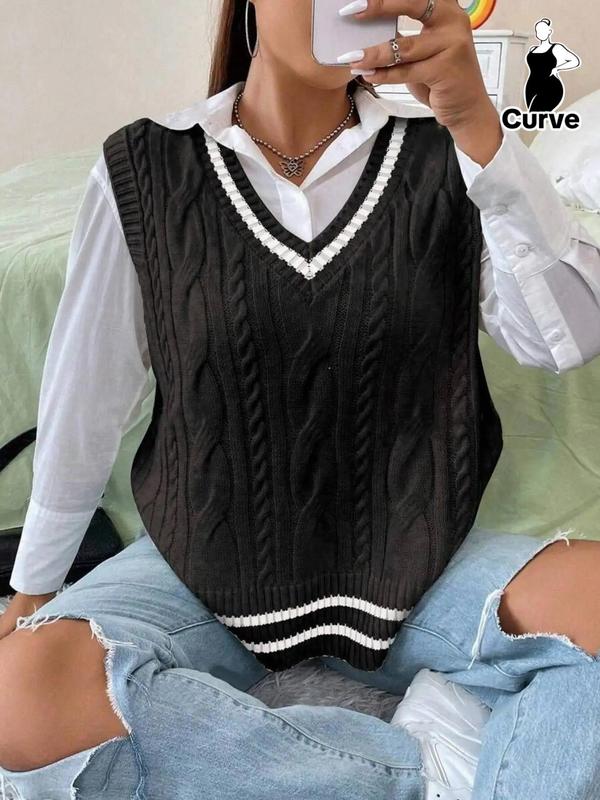  Colorblock Contrast Binding V Neck Sweater Vest, Casual Twist Textured Sleeveless Jumper Vest for Fall & Winter, Women's Plus Clothing for Daily Wear