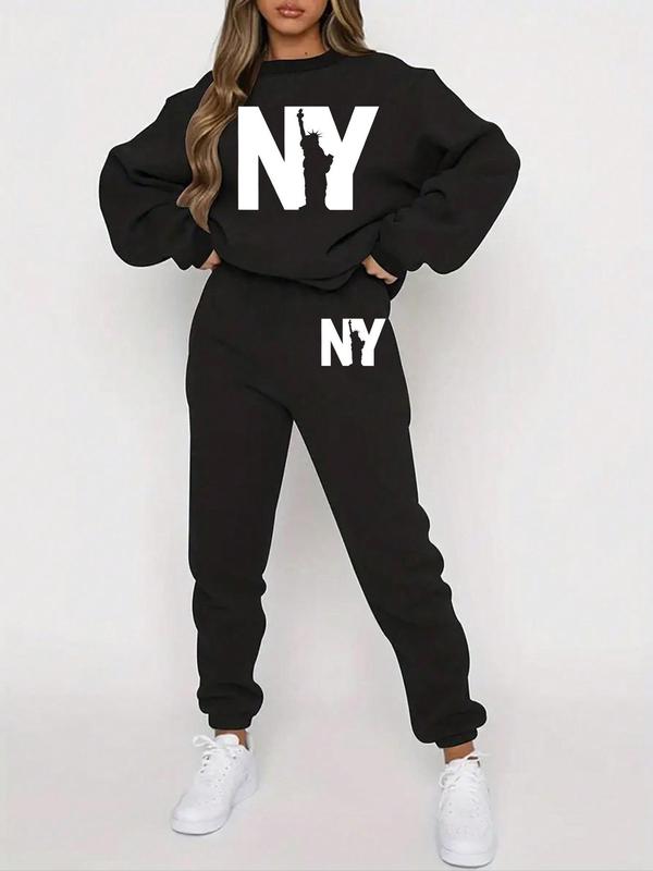 Women's Letter Print Drop Shoulder Sweatshirt & Pocket Sweatpants Two-piece Set, Casual Fashion Cozy Round Neck Long Sleeve Pullover & Jogger Pants for Daily Wear, Women's Two-piece Outfits for Fall & Winter
