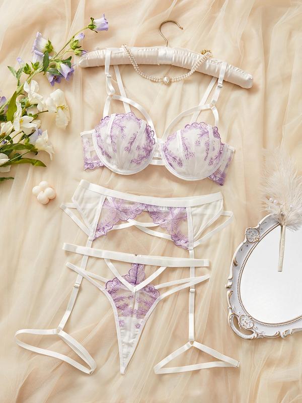 Women's Contrast Floral Lace Sheer Lingerie Set, Sexy Scallop Trim Bra & Thong & Garter Belt Set, Lingerie Set for Women