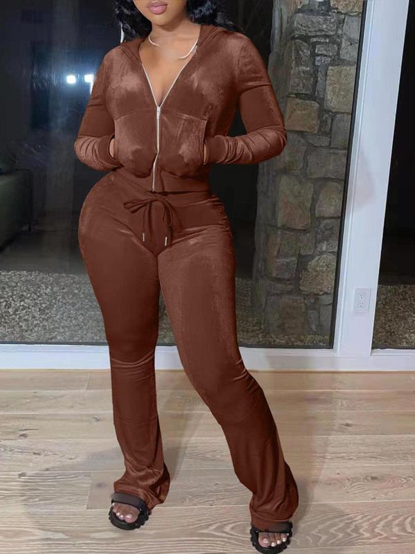  Two-piece Set Solid Zip Up Crop Hooded Jacket & Elastic Waist Pants Velvet Set, Casual Long Sleeve Pocket Outerwear & Drawstring Trousers for Daily Wear, Women's Two-piece Outfits for Fall & Winter