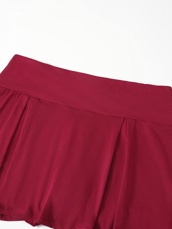 Plus Size Solid Plicated 2 IN 1 Skort, Casual High Waist Short Skort for Daily Wear, Women's Bottoms for Summer