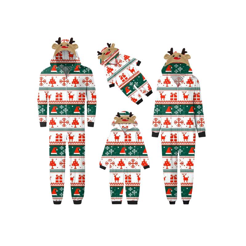 Family Christmas Pajamas, Long Sleeve Elk Christmas Tree Plaid Snowflake Print Hooded Jumpsuit Sleepwear