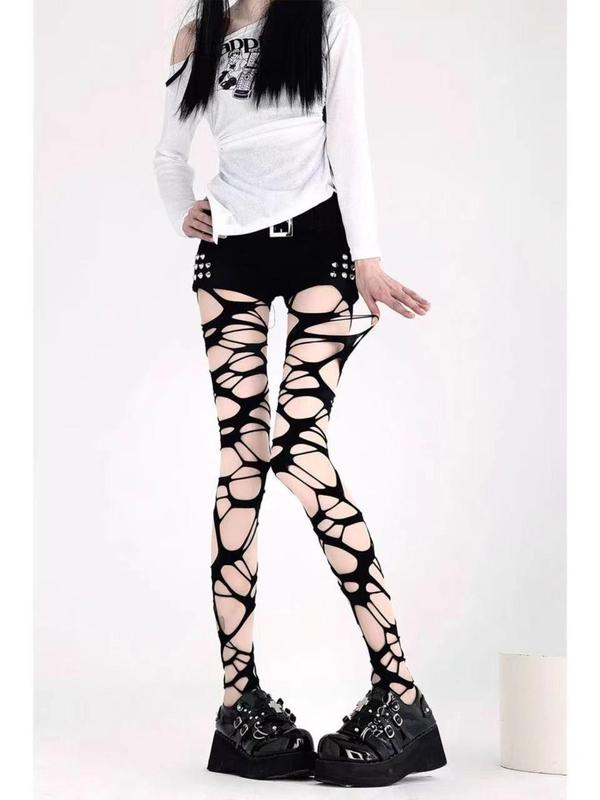 Summer 2024 Women's Minimalist Solid Color Cut Out Tights, 1 Pair Lady Punk Y2k Style Basic Comfy Tights For Party Nightclub, Womenswear, Women's Comfort Pantyhose for Summer