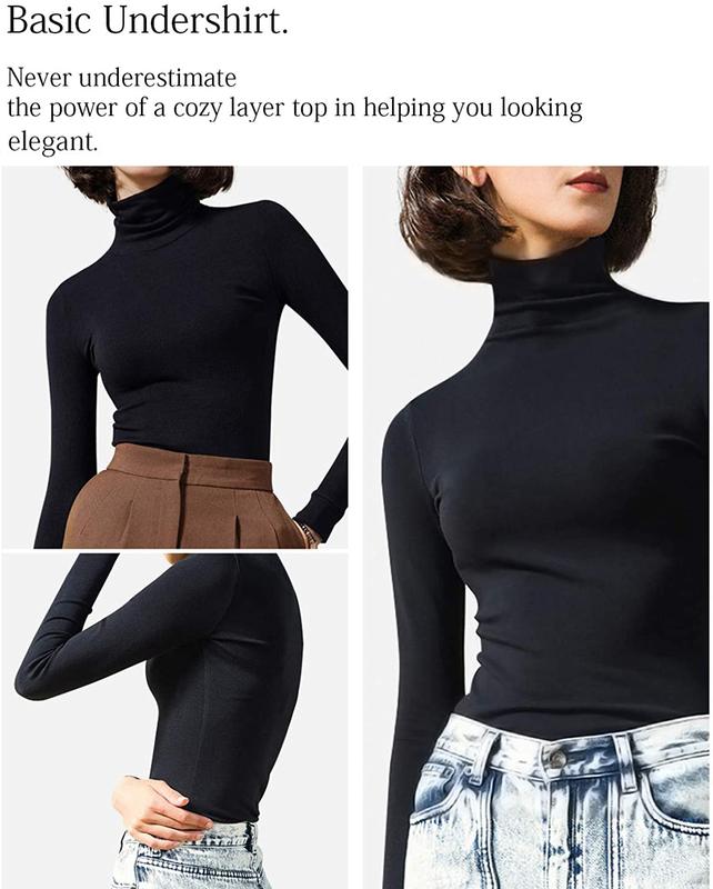 Women's Plain Mock Neck Turtleneck Long Sleeve Tee Shirt Tops, Base Layer Stretch Soft Thermal Underwear Tops, Casual Comfy Warm Fall Winter Clothes