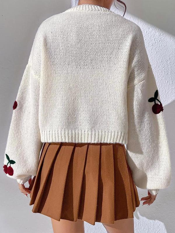 Women's Cherry Embroidery Cable Knit Crop Cardigan, Cute Long Sleeve Open Front Knitwear for Fall & Winter, Fashion Women's Knit Clothing for Daily Wear