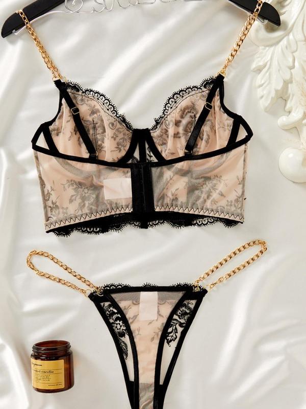 Women's Contrast Lace Sheer Sexy Lingerie Set, Push Up Bra & Chain Decor Thong Set, Soft Comfy Breathable Lingerie Set for Women