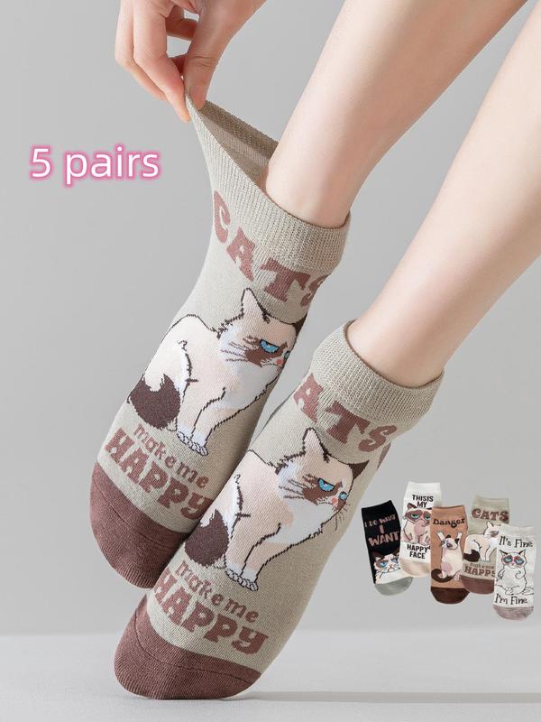 Women's 5 Pairs Cartoon Cat & Letter Print Colorblock Ankle Socks, Cute Comfortable Breathable Low Cut Socks for Daily Wear, Ladies Socks for Spring & Fall